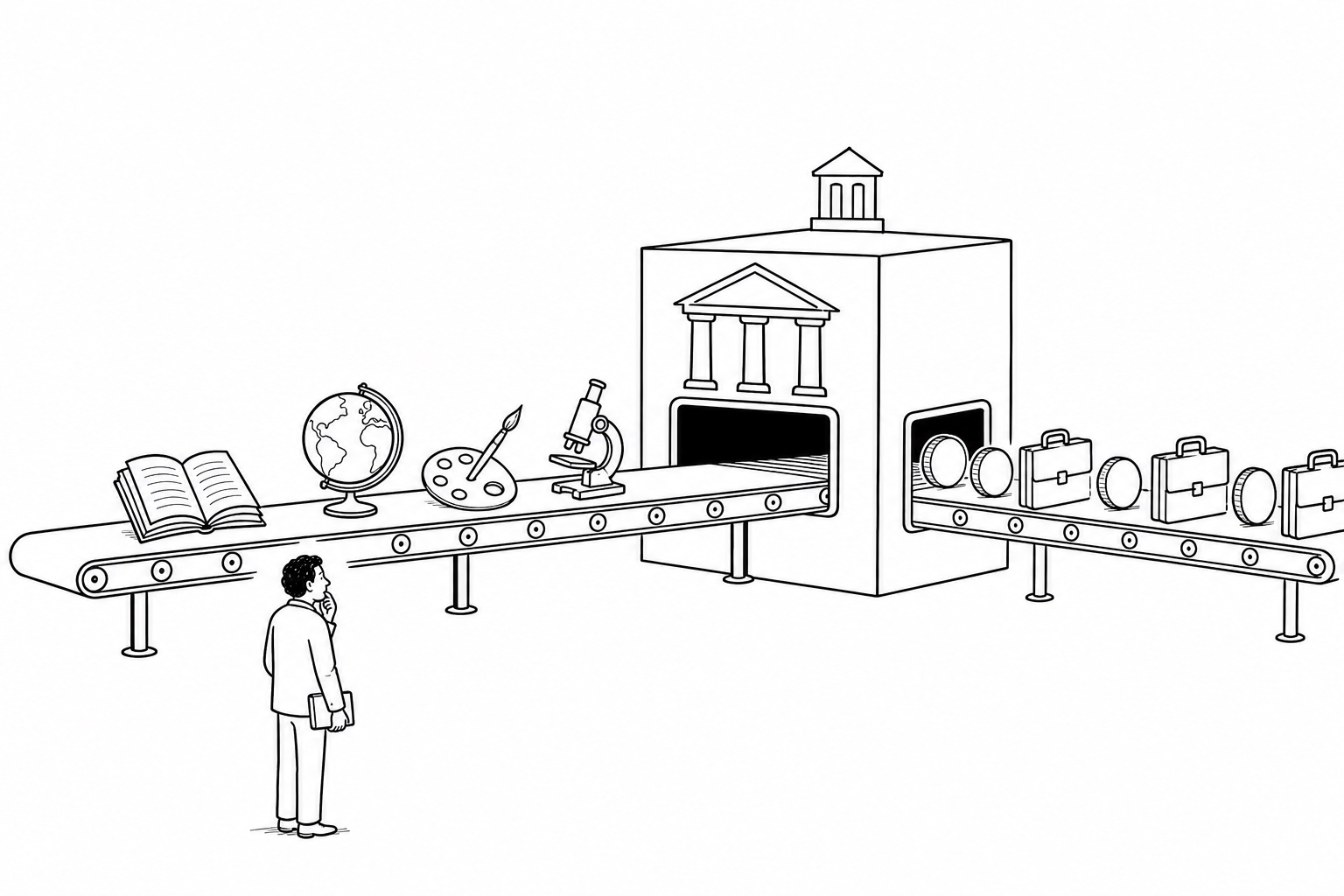 Different forms of knowledge enter a university-shaped machine while coins and briefcases emerge.