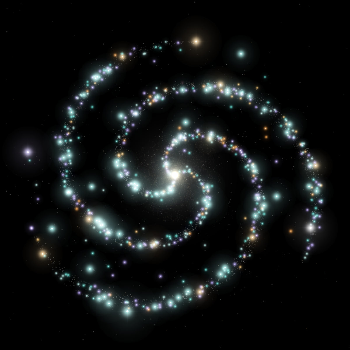 An imagined spiral galaxy with a warm golden core and turquoise, lilac and coral stars along its arms.