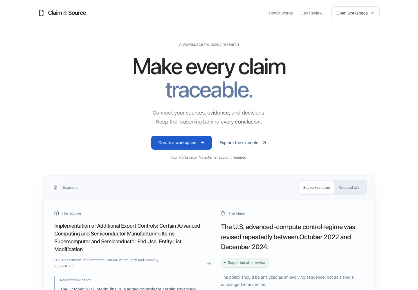 Claim & Source homepage with its introduction and interactive evidence example.