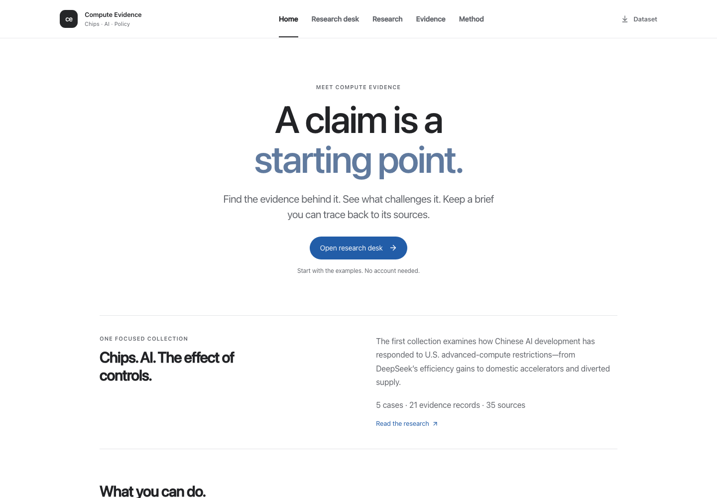 Compute Evidence homepage with its introduction and research tools.